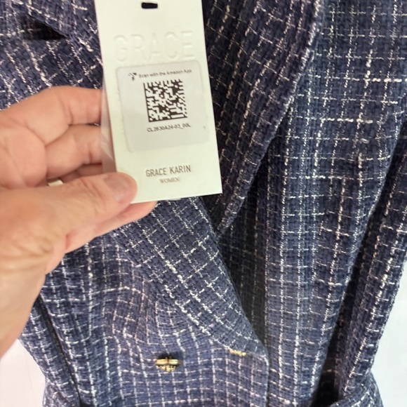 GRACE KARIN Women Tweed Sleeveless V Neck Button Down Dress Pockets Navy Blue LG - Picture 11 of 14